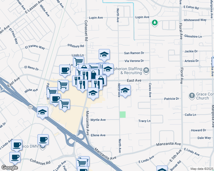 map of restaurants, bars, coffee shops, grocery stores, and more near 8 Cottage Circle in Chico