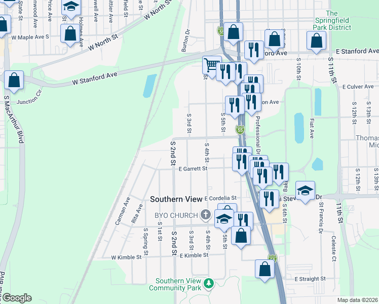 map of restaurants, bars, coffee shops, grocery stores, and more near 3000-3098 South 3rd Street in Southern View