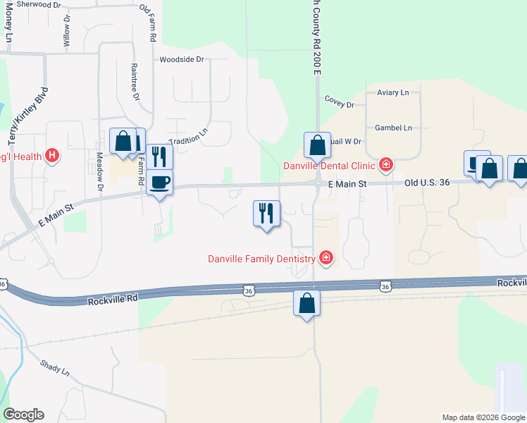 map of restaurants, bars, coffee shops, grocery stores, and more near 16 Ridge Avenue in Danville