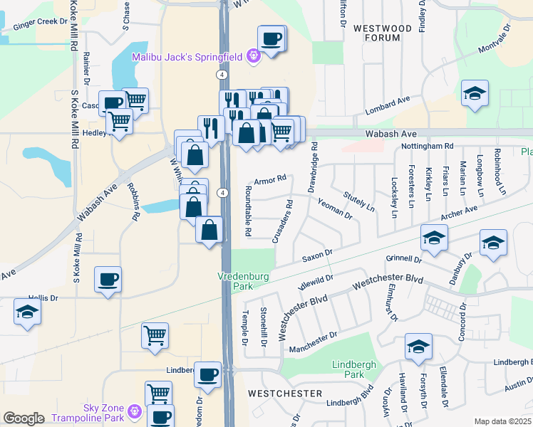 map of restaurants, bars, coffee shops, grocery stores, and more near 38-64 Roundtable Rd in Springfield