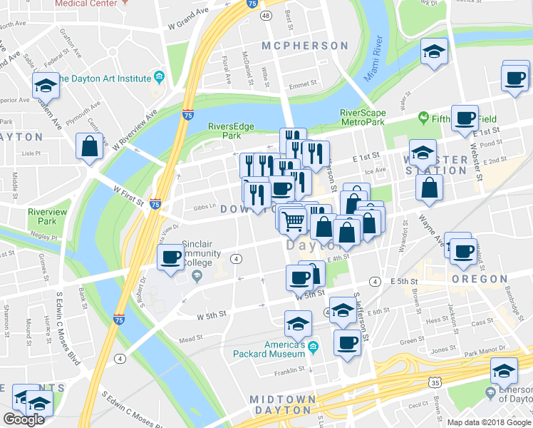 map of restaurants, bars, coffee shops, grocery stores, and more near 120 West 2nd Street in Dayton