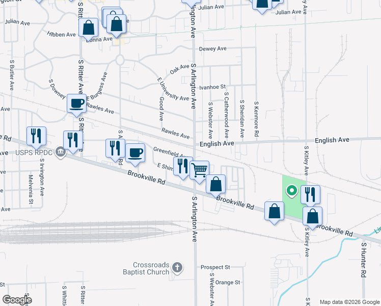 map of restaurants, bars, coffee shops, grocery stores, and more near 506 South Arlington Avenue in Indianapolis