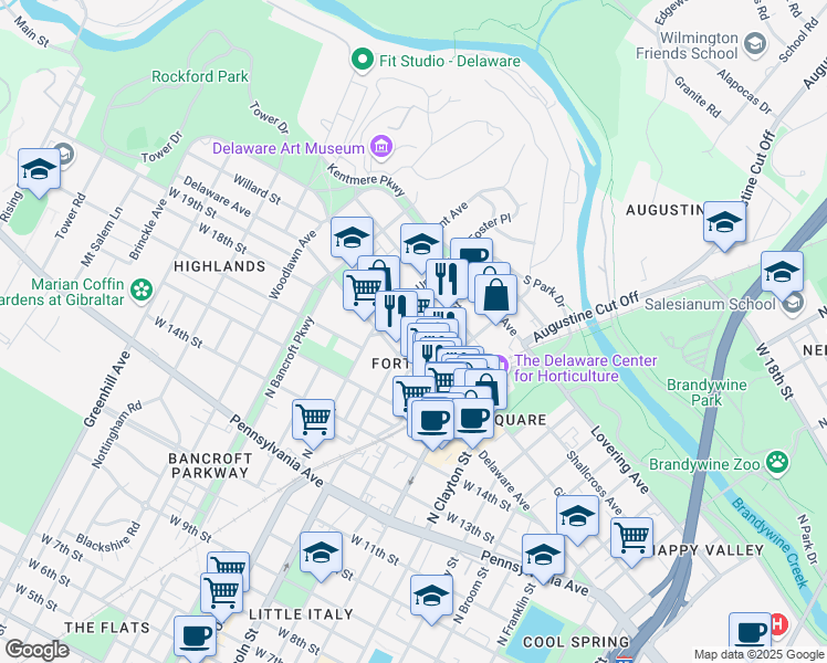 map of restaurants, bars, coffee shops, grocery stores, and more near 1713 North Lincoln Street in Wilmington