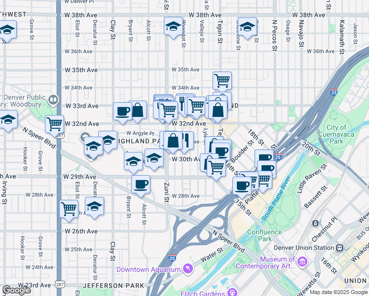 map of restaurants, bars, coffee shops, grocery stores, and more near 2320 West 31st Avenue in Denver