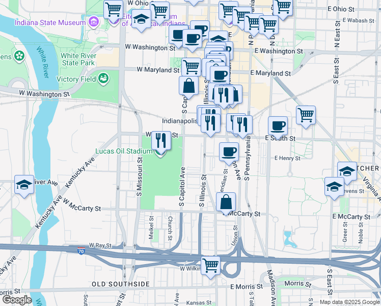 map of restaurants, bars, coffee shops, grocery stores, and more near 125 West South Street in Indianapolis