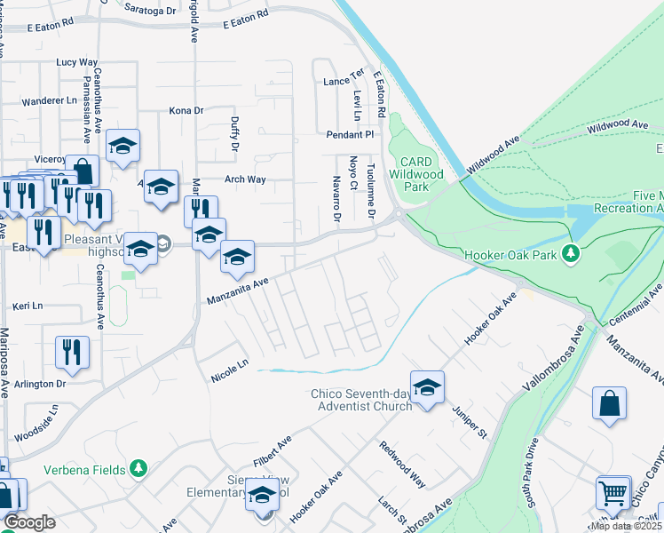 map of restaurants, bars, coffee shops, grocery stores, and more near 1661 Manzanita Avenue in Chico
