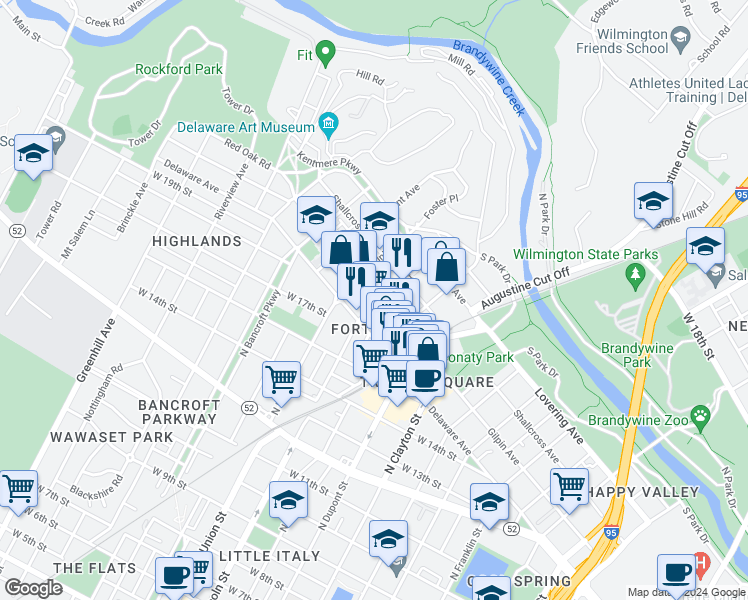 map of restaurants, bars, coffee shops, grocery stores, and more near 1904 Gilpin Avenue in Wilmington
