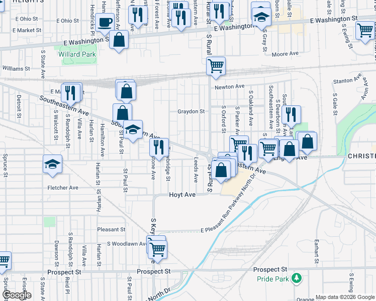 map of restaurants, bars, coffee shops, grocery stores, and more near 2609 Southeastern Avenue in Indianapolis