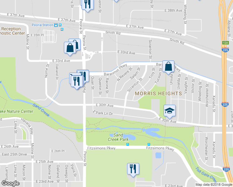 map of restaurants, bars, coffee shops, grocery stores, and more near 3100 Salem Street in Aurora