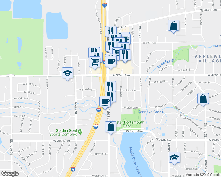 map of restaurants, bars, coffee shops, grocery stores, and more near 12779 West 31st Avenue in Wheat Ridge