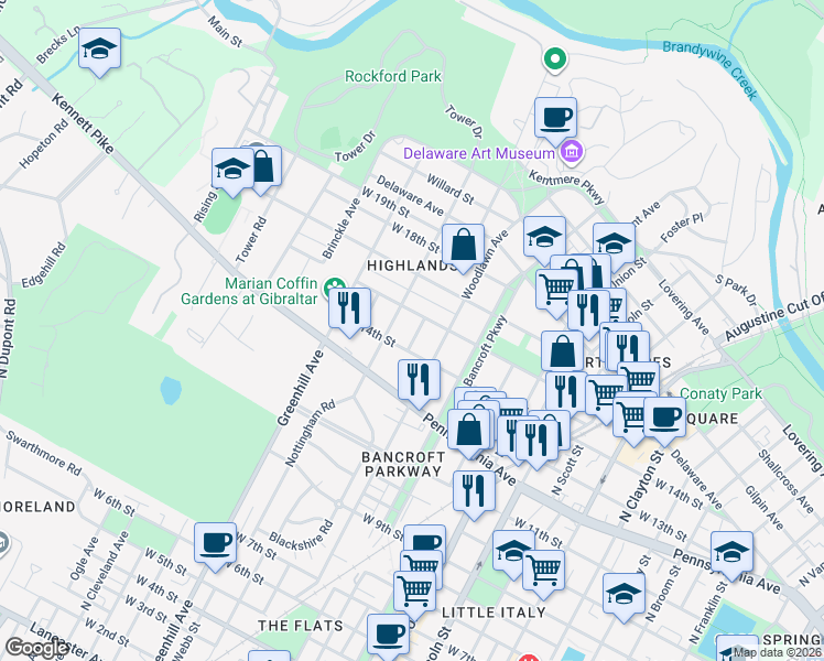 map of restaurants, bars, coffee shops, grocery stores, and more near 1413 Hamilton Street in Wilmington
