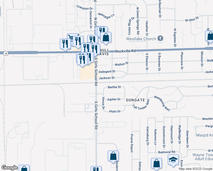 map of restaurants, bars, coffee shops, grocery stores, and more near 7204 Mars Drive in Indianapolis