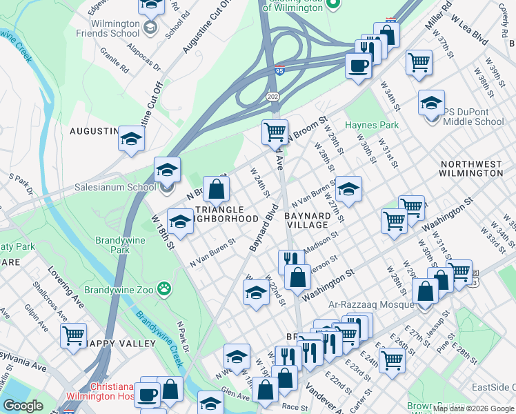 map of restaurants, bars, coffee shops, grocery stores, and more near 2302 North Harrison Street in Wilmington