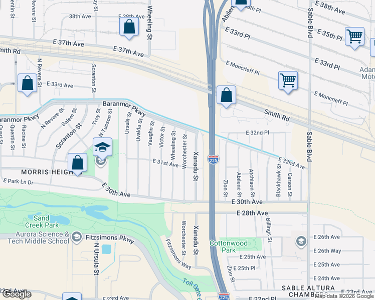 map of restaurants, bars, coffee shops, grocery stores, and more near 3153 Worchester Street in Aurora