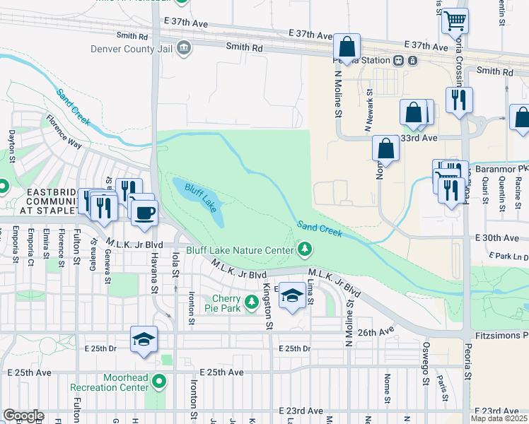 map of restaurants, bars, coffee shops, grocery stores, and more near Bluff Lake Trail in Denver