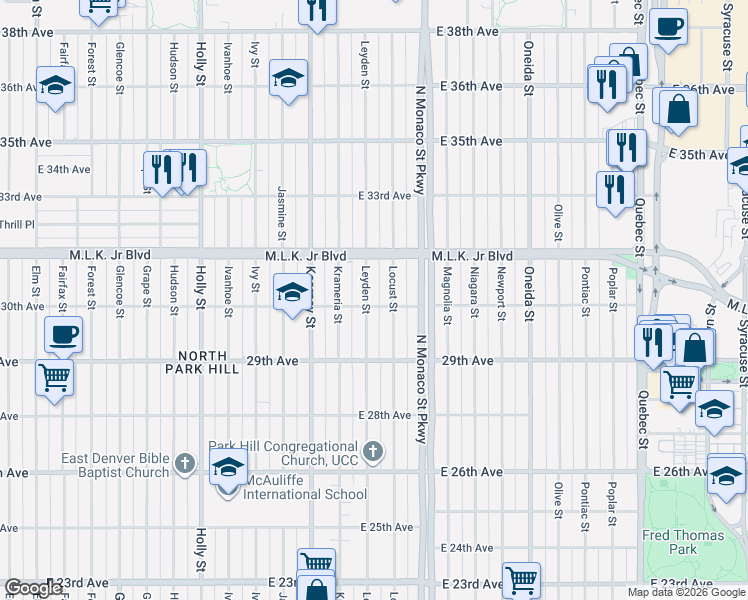 map of restaurants, bars, coffee shops, grocery stores, and more near 3011 Locust Street in Denver
