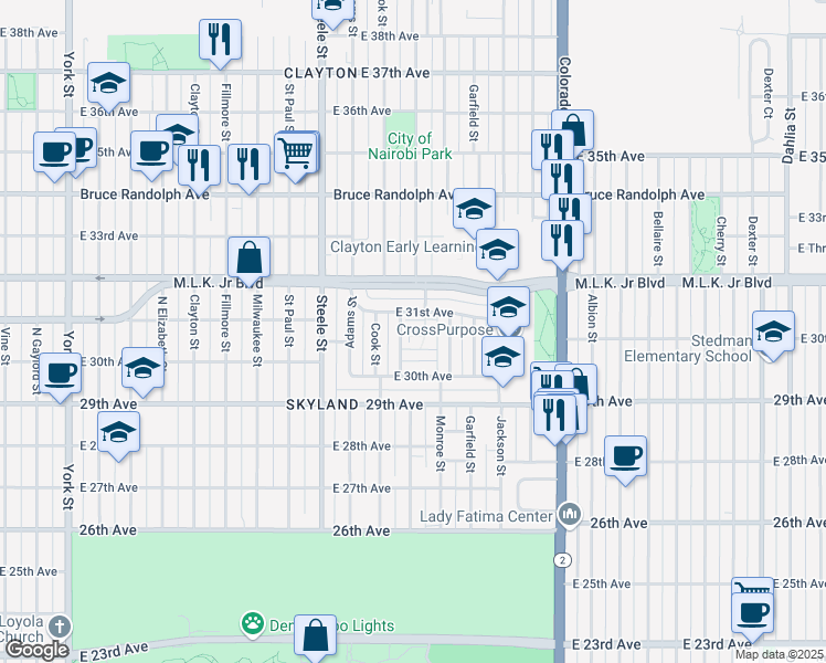 map of restaurants, bars, coffee shops, grocery stores, and more near 3540 East 31st Avenue in Denver
