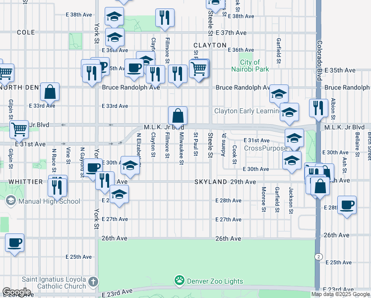 map of restaurants, bars, coffee shops, grocery stores, and more near 3054 Milwaukee Street in Denver