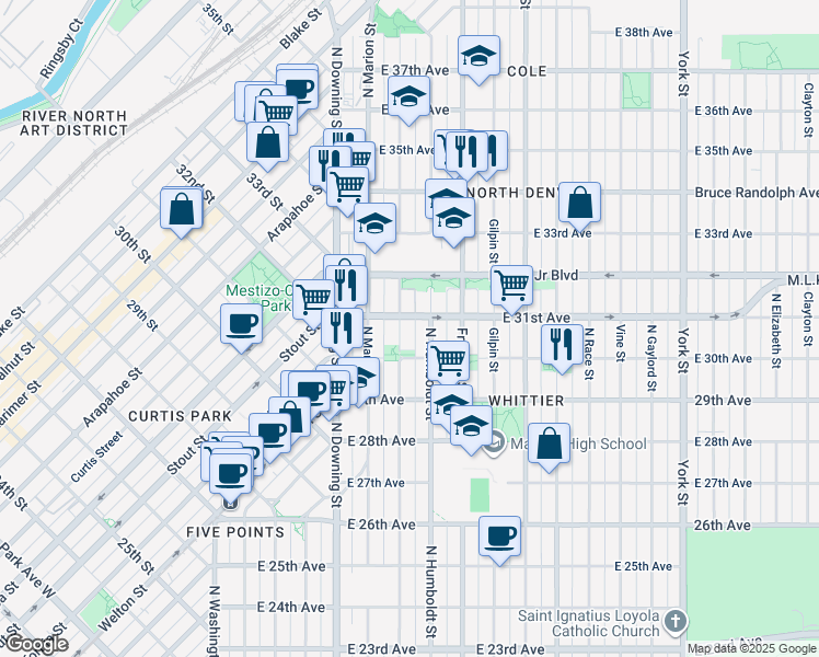 map of restaurants, bars, coffee shops, grocery stores, and more near 3053 Humboldt Street in Denver