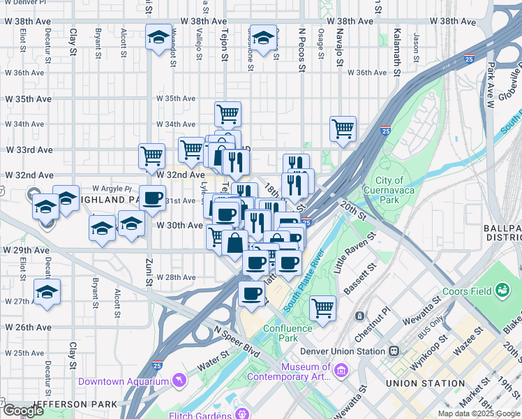 map of restaurants, bars, coffee shops, grocery stores, and more near 1717 Boulder Street in Denver