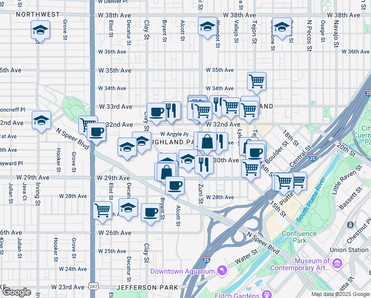 map of restaurants, bars, coffee shops, grocery stores, and more near in Denver