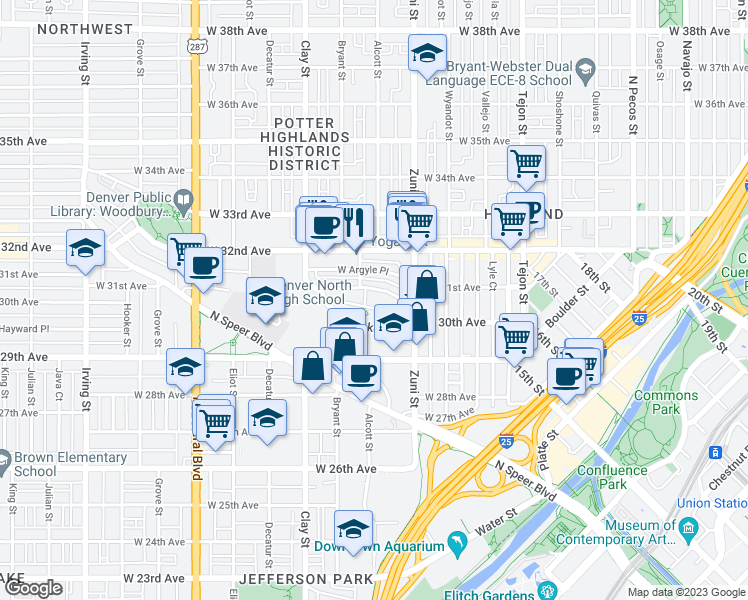 map of restaurants, bars, coffee shops, grocery stores, and more near 5 Fife Court in Denver