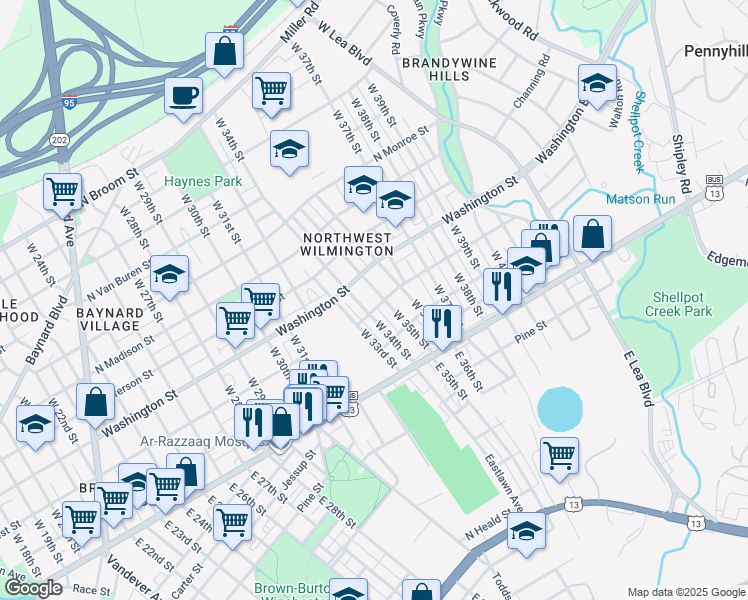 map of restaurants, bars, coffee shops, grocery stores, and more near 206 West 35th Street in Wilmington
