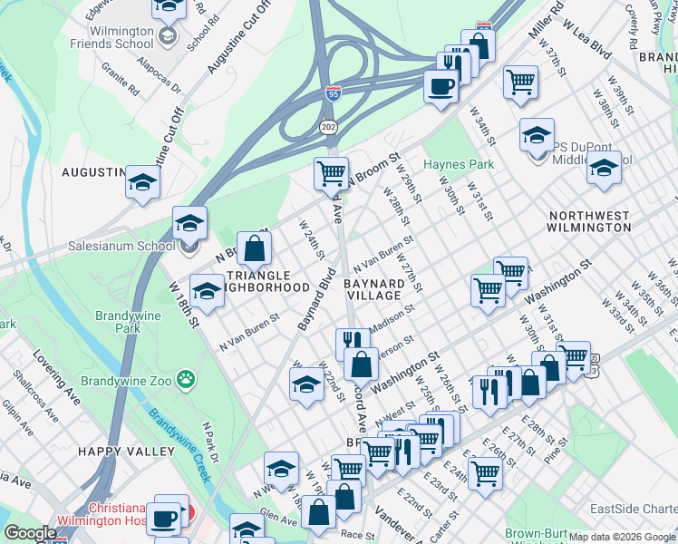 map of restaurants, bars, coffee shops, grocery stores, and more near 2311 Baynard Boulevard in Wilmington