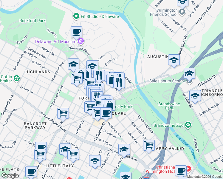 map of restaurants, bars, coffee shops, grocery stores, and more near 1903 North Scott Street in Wilmington