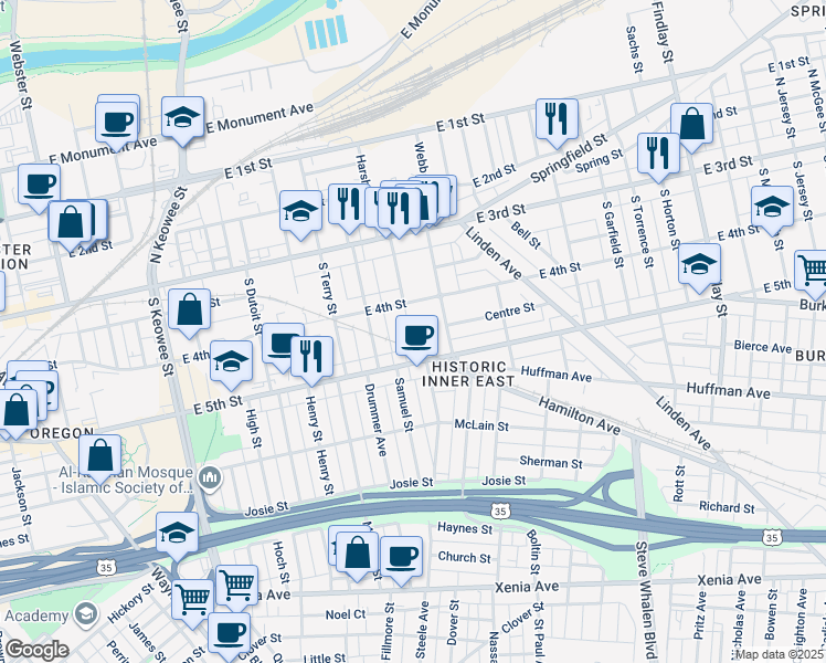 map of restaurants, bars, coffee shops, grocery stores, and more near 126 Ringgold Street in Dayton