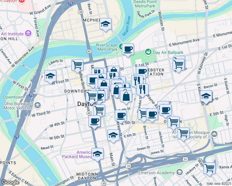 map of restaurants, bars, coffee shops, grocery stores, and more near 129 East 3rd Street in Dayton