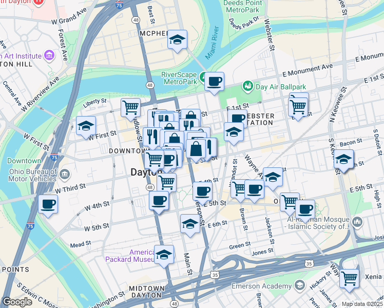 map of restaurants, bars, coffee shops, grocery stores, and more near 40 North Jefferson Street in Dayton