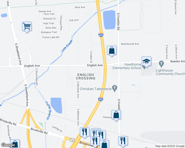 map of restaurants, bars, coffee shops, grocery stores, and more near 611 Woods Crossing Lane in Indianapolis