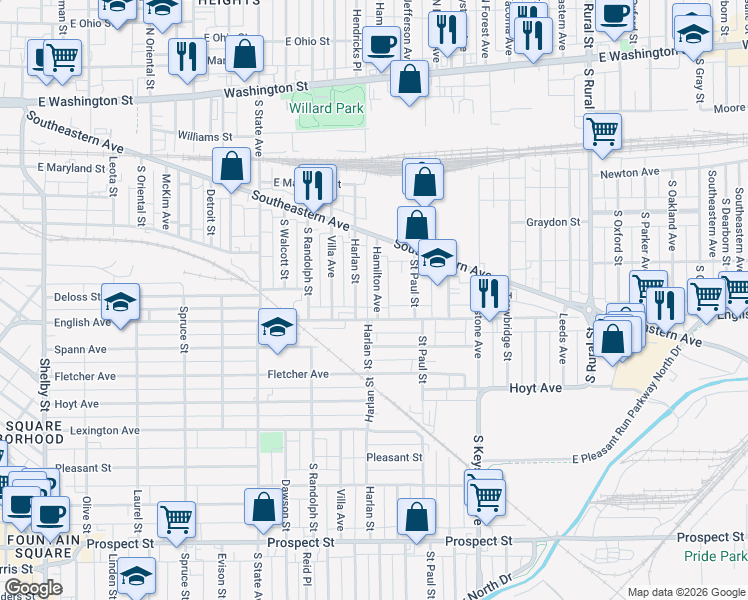 map of restaurants, bars, coffee shops, grocery stores, and more near 415 Hamilton Avenue in Indianapolis