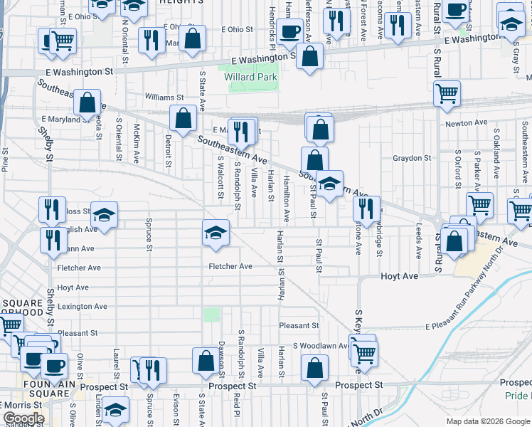 map of restaurants, bars, coffee shops, grocery stores, and more near 414 Harlan Street in Indianapolis