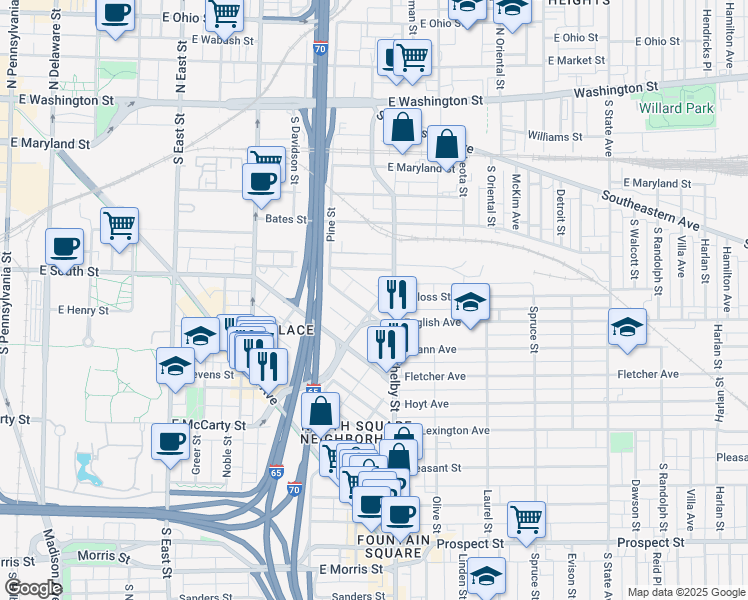 map of restaurants, bars, coffee shops, grocery stores, and more near 1018 Calvary Street in Indianapolis