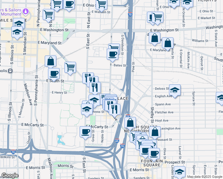 map of restaurants, bars, coffee shops, grocery stores, and more near 735 Fletcher Avenue in Indianapolis