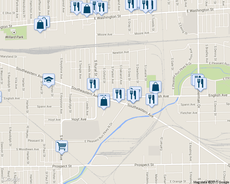 map of restaurants, bars, coffee shops, grocery stores, and more near 441 South Parker Avenue in Indianapolis