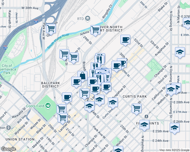 map of restaurants, bars, coffee shops, grocery stores, and more near 10 Blake Street in Denver
