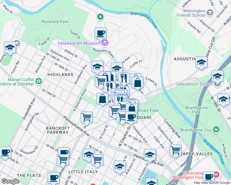 map of restaurants, bars, coffee shops, grocery stores, and more near 1920 Gilpin Avenue in Wilmington