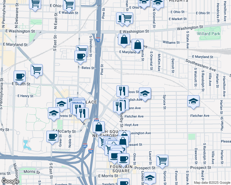 map of restaurants, bars, coffee shops, grocery stores, and more near 1018 Calvary Street in Indianapolis