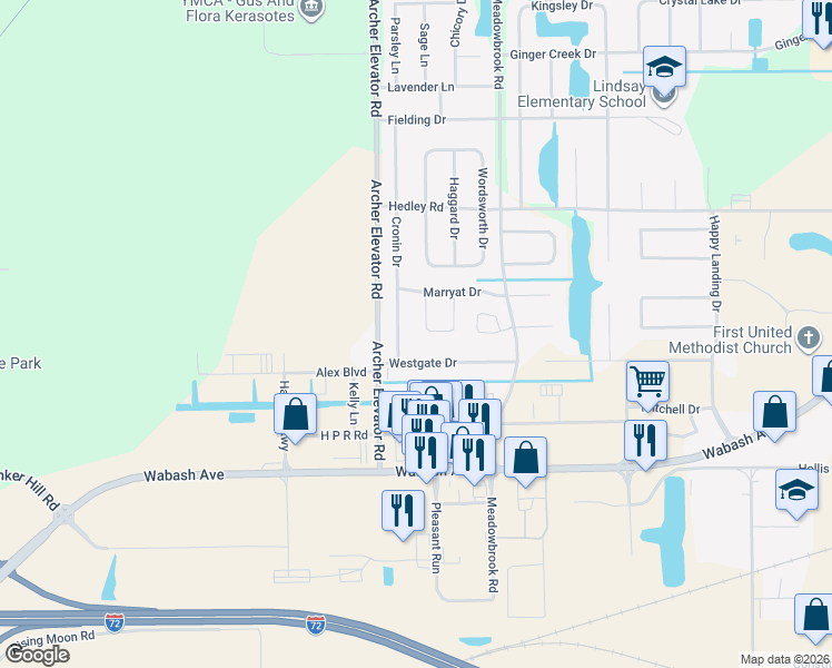 map of restaurants, bars, coffee shops, grocery stores, and more near 2917 Sandy Lane in Springfield