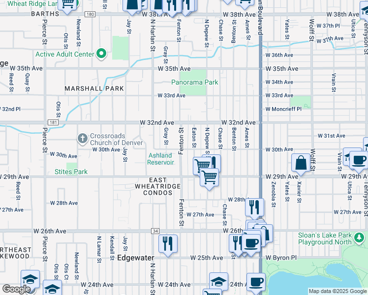 map of restaurants, bars, coffee shops, grocery stores, and more near 3002 Fenton Street in Wheat Ridge