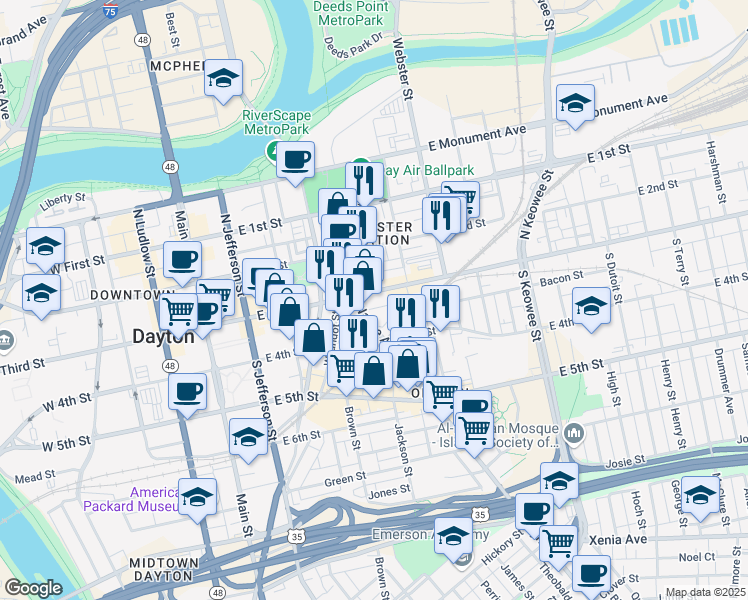 map of restaurants, bars, coffee shops, grocery stores, and more near 506 East 3rd Street in Dayton