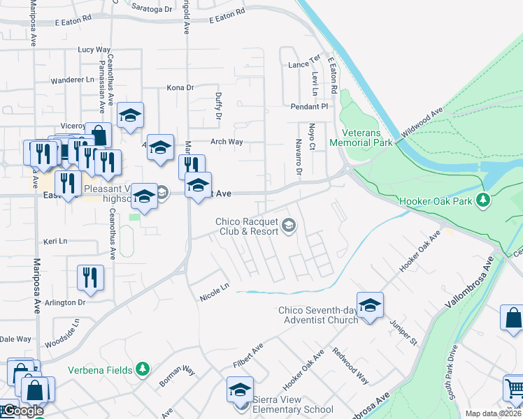 map of restaurants, bars, coffee shops, grocery stores, and more near 2405 Cactus Avenue in Chico