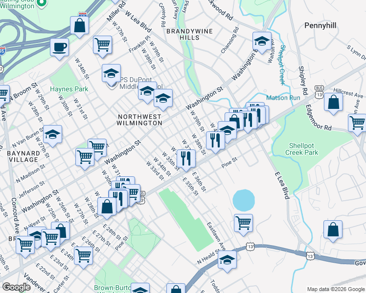 map of restaurants, bars, coffee shops, grocery stores, and more near 100 West 37th Street in Wilmington
