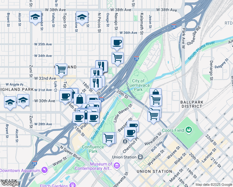 map of restaurants, bars, coffee shops, grocery stores, and more near 2010 Platte Street in Denver