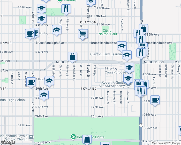 map of restaurants, bars, coffee shops, grocery stores, and more near 3075 Adams Street in Denver