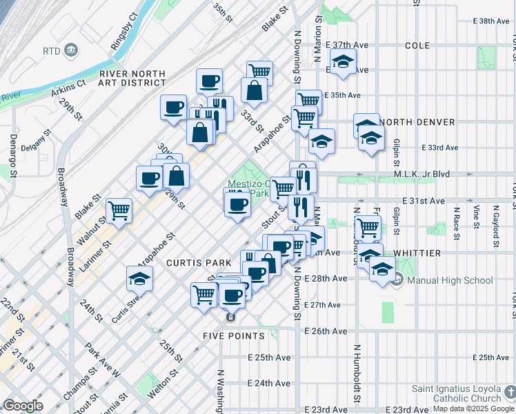 map of restaurants, bars, coffee shops, grocery stores, and more near 3096 Champa Street in Denver