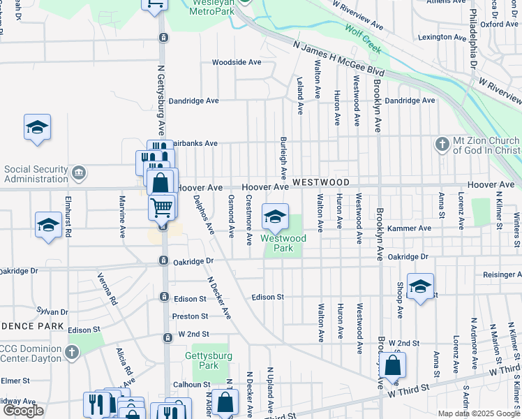 map of restaurants, bars, coffee shops, grocery stores, and more near 733 North Upland Avenue in Dayton